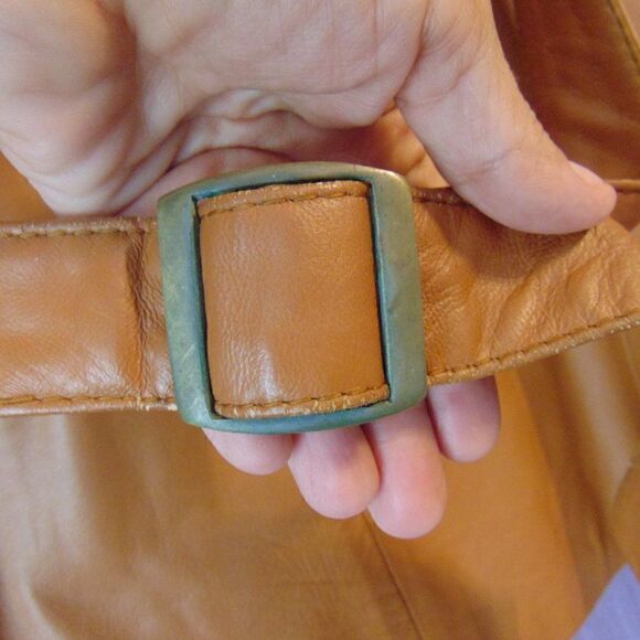 VINTAGE MARTIN BERNARD Camel Leather & Silk Jacket 6 Pockets Buckle Belt M/L - Picture 7 of 16